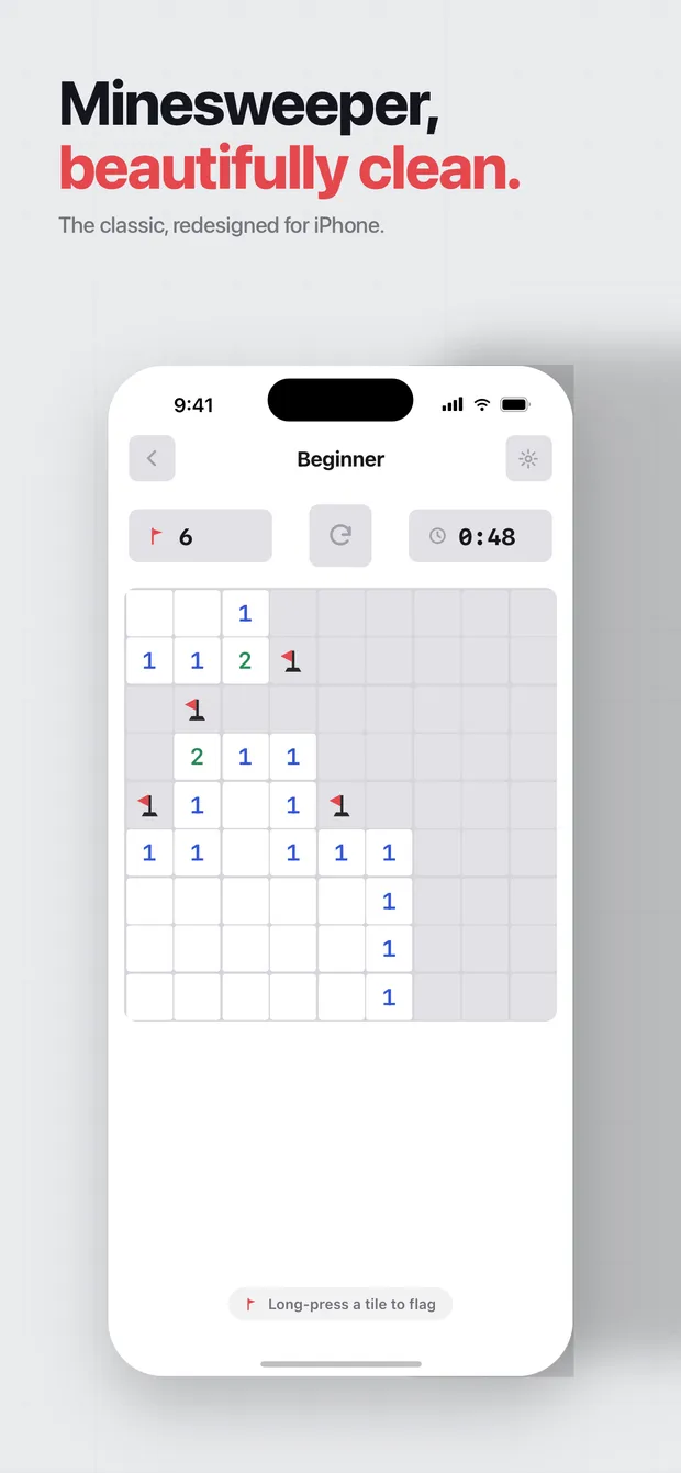 A partly-cleared Beginner board in light mode, with numbered tiles and flagged mines.