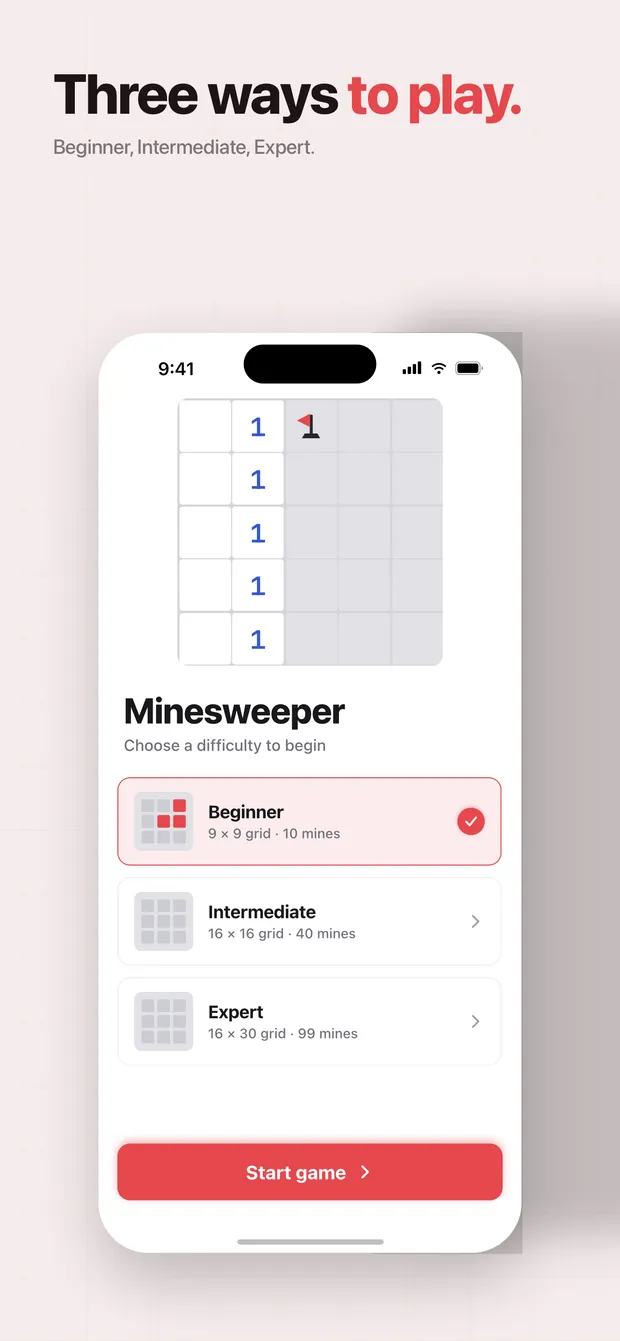 The difficulty picker offering Beginner (9×9), Intermediate (16×16) and Expert (16×30).