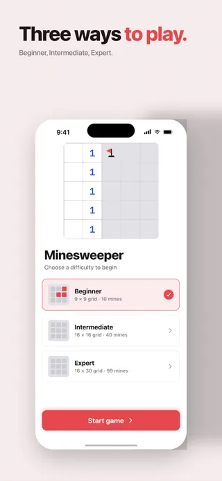 The difficulty picker offering Beginner (9×9), Intermediate (16×16) and Expert (16×30).