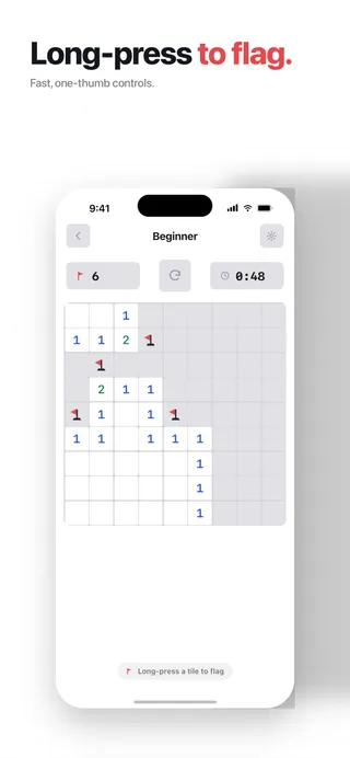 A Beginner board with several mines flagged, showing the long-press-to-flag control.