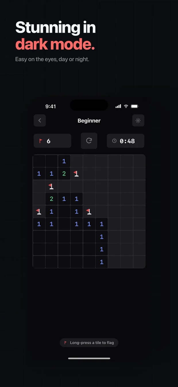 The same Minesweeper board rendered in dark mode.