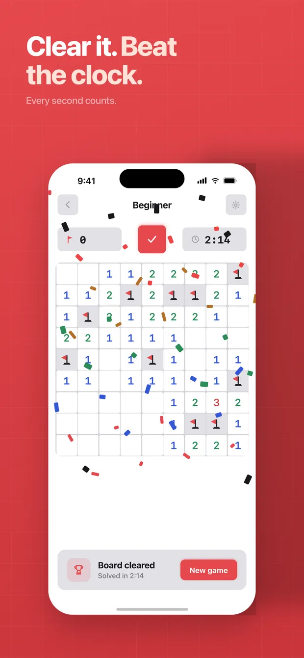 A fully solved board with a confetti animation and a "Board cleared" message.
