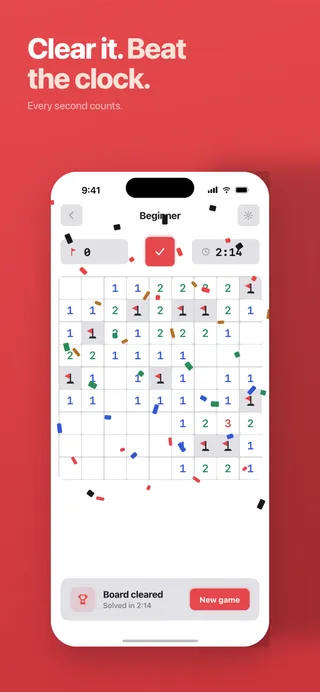 A fully solved board with a confetti animation and a "Board cleared" message.